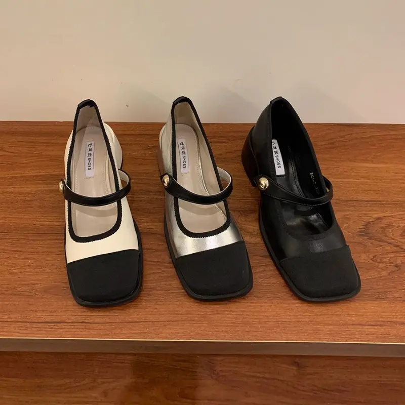 Women High Heel Shoes Square Toe Ladies Dress Mary Jane Shoes 2025 New Party Wedding Versatile Women's Pumps Patchwork Fashion
