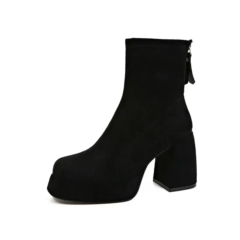 2024 Women's Fashion High-heeled Boots Winter New British Style Soft Sole Anti-slippery Catwalk Versatile Keep Warm Leather Shoe