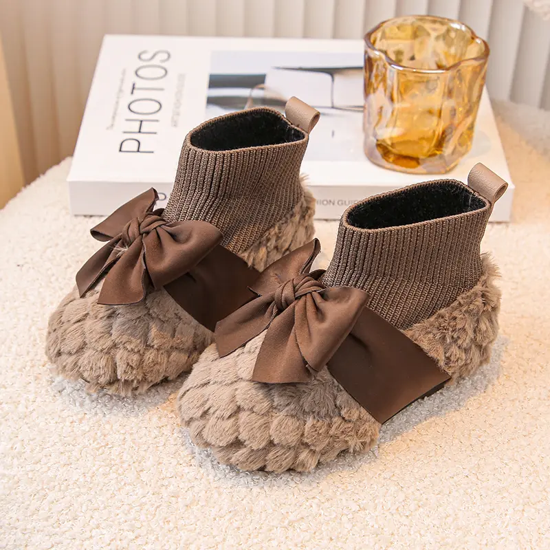 Girls Outdoor Cotton Boots Warm Fluffy Kids' Winter Shoes Fashion Causal Children's Socks Shoes Toddlers Versatile Chic Bowknot