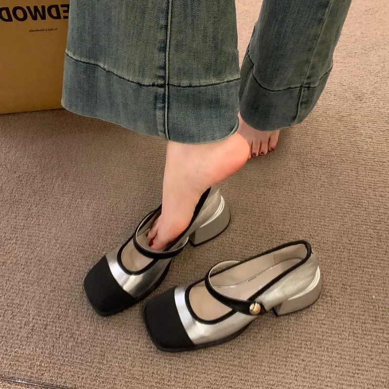 Women High Heel Shoes Square Toe Ladies Dress Mary Jane Shoes 2025 New Party Wedding Versatile Women's Pumps Patchwork Fashion