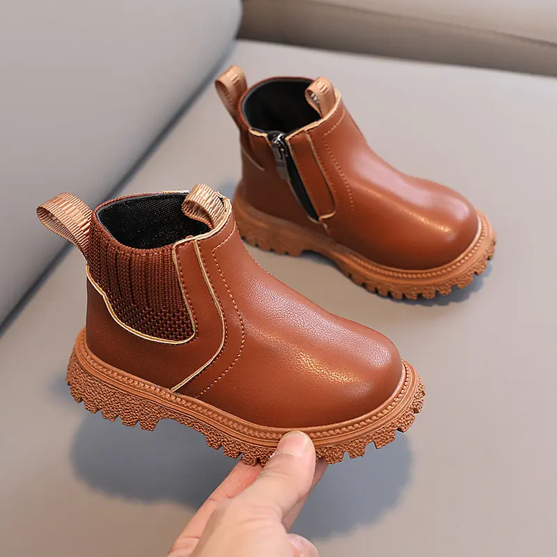 Kids Short Boots Soild Color Versatile Boys Girls Ankle Boots Side Zipper 2025 Autumn New Children Leather Boots British Style