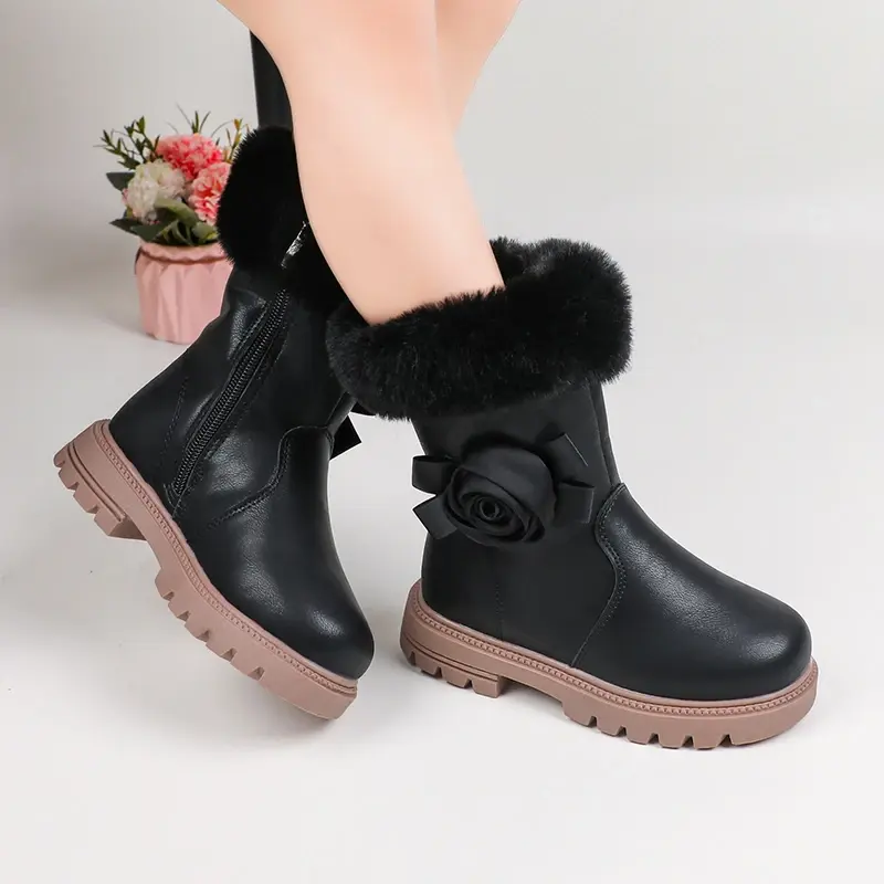 Children Casual Boots for Medium Big Girls Warm Thermal Boots Fluffy Plush Hairy with Flower Princess Sweet Kids Rubber Boots