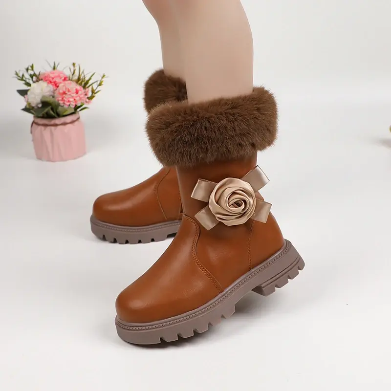 Children Casual Boots for Medium Big Girls Warm Thermal Boots Fluffy Plush Hairy with Flower Princess Sweet Kids Rubber Boots