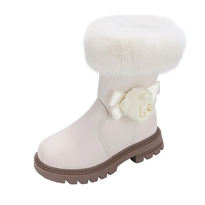 Children Casual Boots for Medium Big Girls Warm Thermal Boots Fluffy Plush Hairy with Flower Princess Sweet Kids Rubber Boots