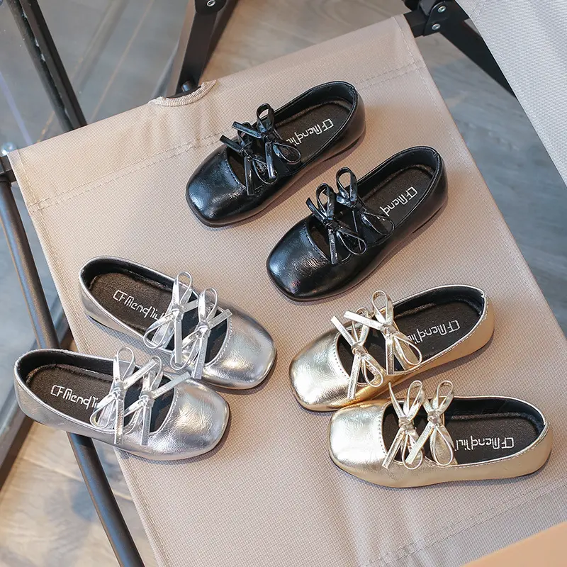 New Kids Baby Girl Children Black Gold Silver Wedding Party Princess Leather Soft Bottom Shoes Girls Bow-tie Single Shoes H08093