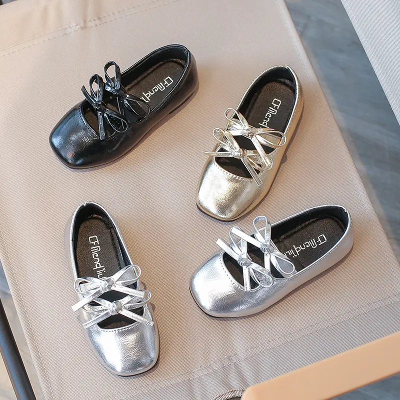 New Kids Baby Girl Children Black Gold Silver Wedding Party Princess Leather Soft Bottom Shoes Girls Bow-tie Single Shoes H08093