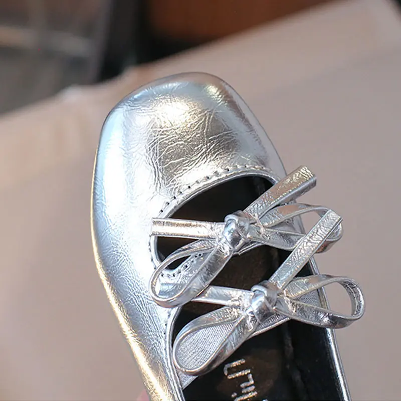 New Kids Baby Girl Children Black Gold Silver Wedding Party Princess Leather Soft Bottom Shoes Girls Bow-tie Single Shoes H08093