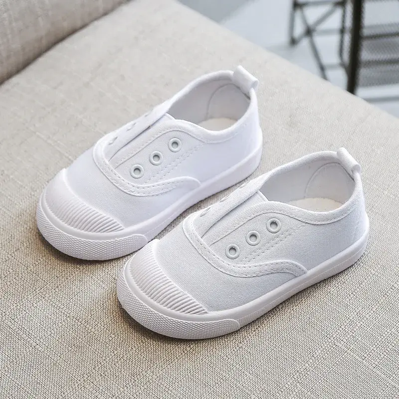 Children All White Canvas Shoes Student Casual Kids Loafers 2023 School Boys Girls Soft Bottom Cloth Fabric Sneakers Shoe G06185