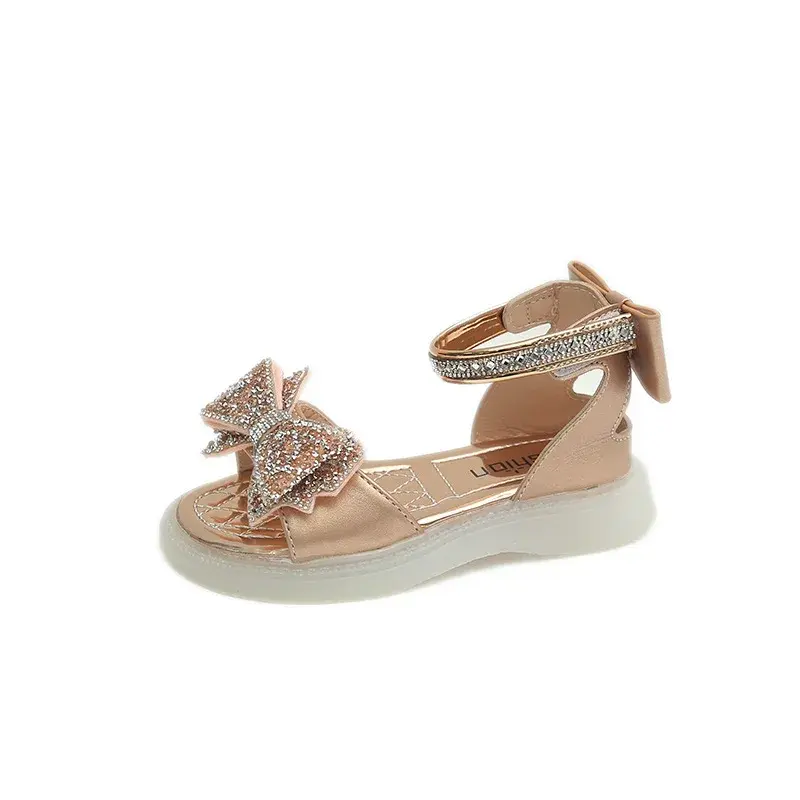 Girls Princess Sandals 2025 Summer New Baby Sparkly Rhinestones Bow Shoes Fashion Non-slip Flat Children's Sandals Boots I05257