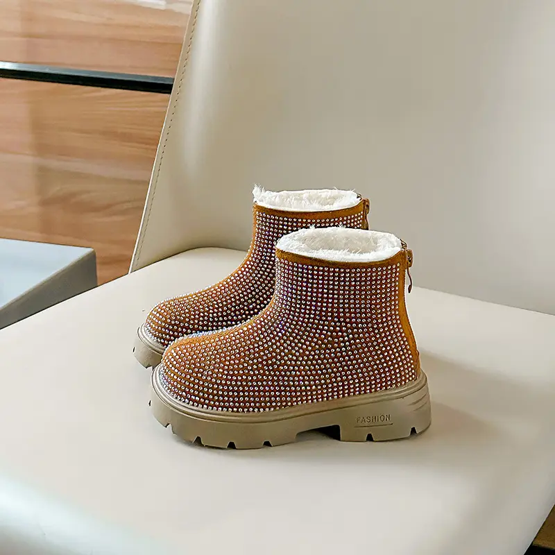 2024 Winter Girls Cotton Shoes Fashion All Over Rhinestone Plush Short Boots Princess Cold-proof Snow Boots Platform Boot H10141