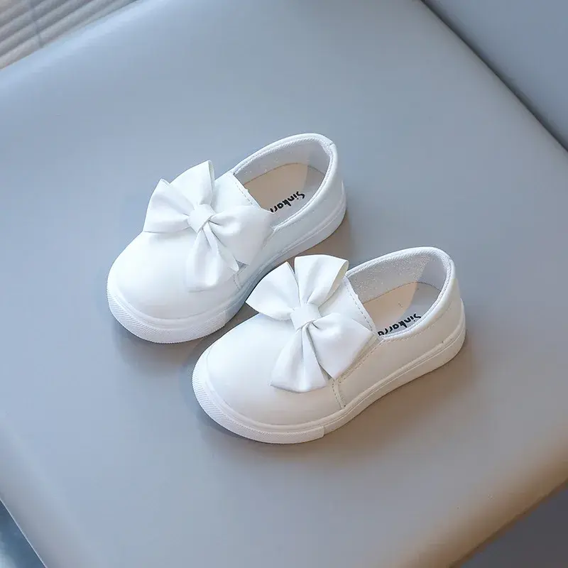 New Kids Girl Leather Shoes with Large Butterfly-knot All White Leisure Student Girls Shoes Child School Slip on Footwear H09211