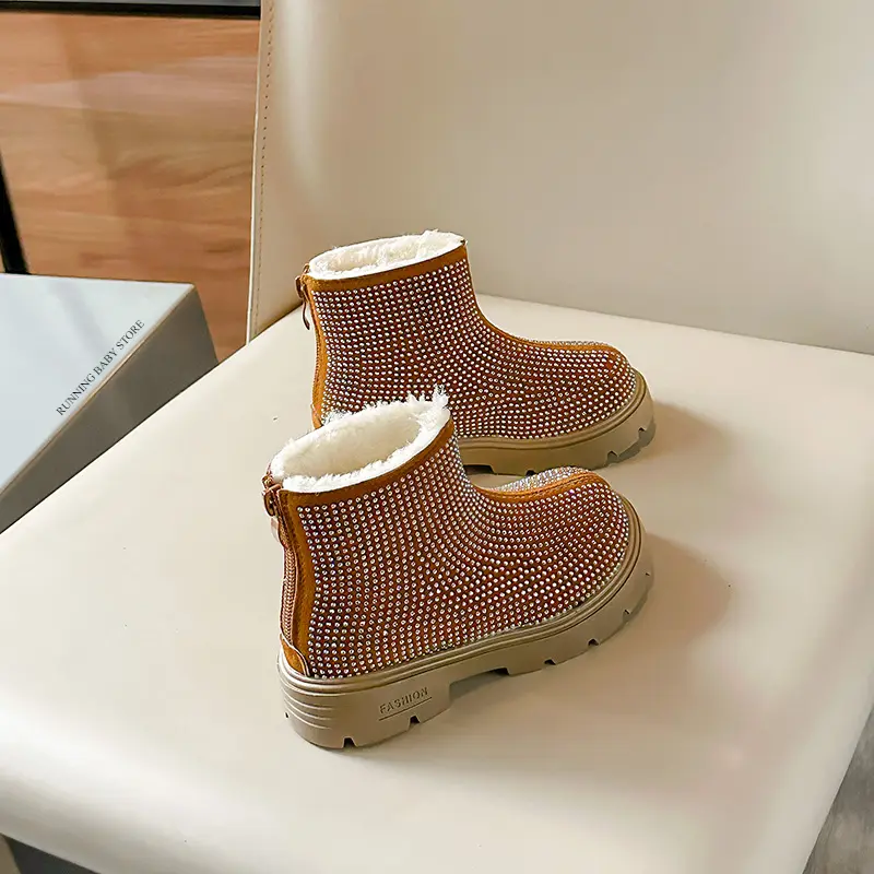 2024 Winter Girls Cotton Shoes Fashion All Over Rhinestone Plush Short Boots Princess Cold-proof Snow Boots Platform Boot H10141