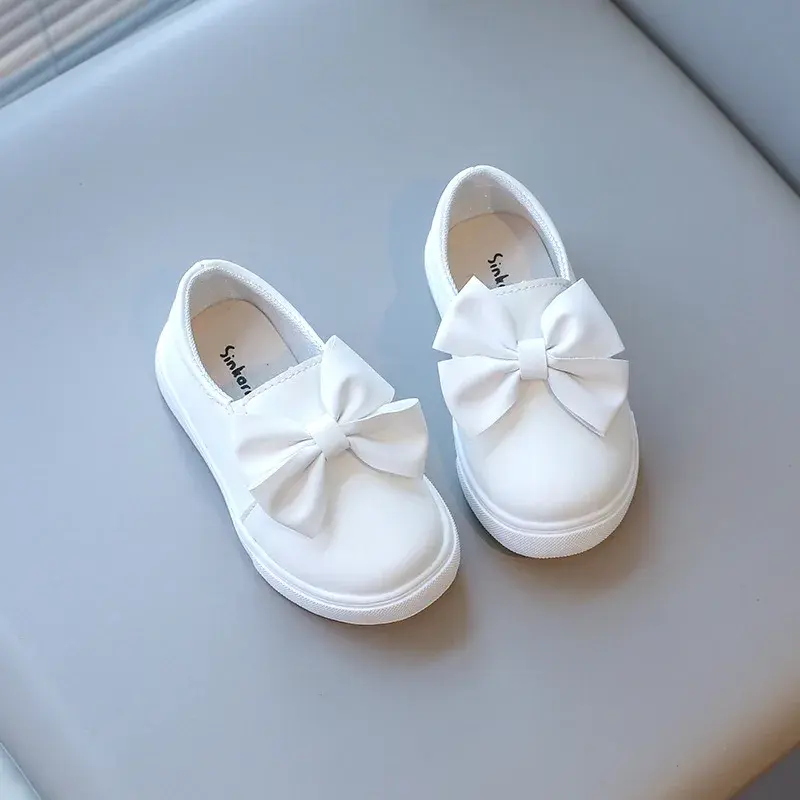 New Kids Girl Leather Shoes with Large Butterfly-knot All White Leisure Student Girls Shoes Child School Slip on Footwear H09211