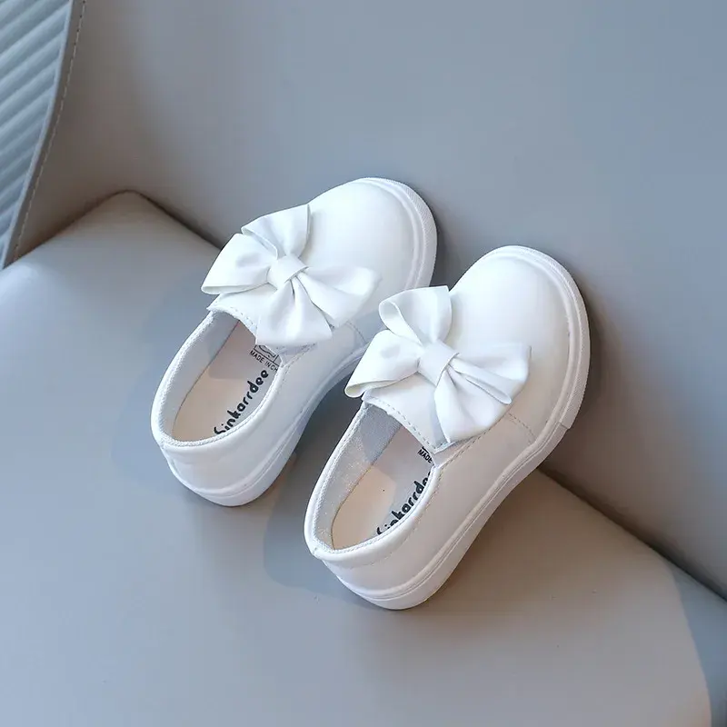 New Kids Girl Leather Shoes with Large Butterfly-knot All White Leisure Student Girls Shoes Child School Slip on Footwear H09211