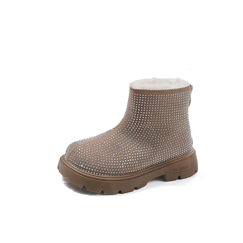 2024 Winter Girls Cotton Shoes Fashion All Over Rhinestone Plush Short Boots Princess Cold-proof Snow Boots Platform Boot H10141