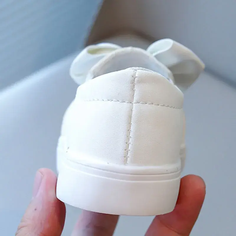 New Kids Girl Leather Shoes with Large Butterfly-knot All White Leisure Student Girls Shoes Child School Slip on Footwear H09211