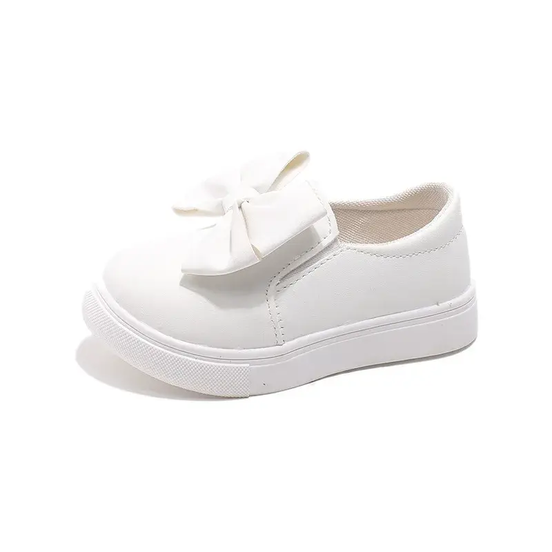 New Kids Girl Leather Shoes with Large Butterfly-knot All White Leisure Student Girls Shoes Child School Slip on Footwear H09211
