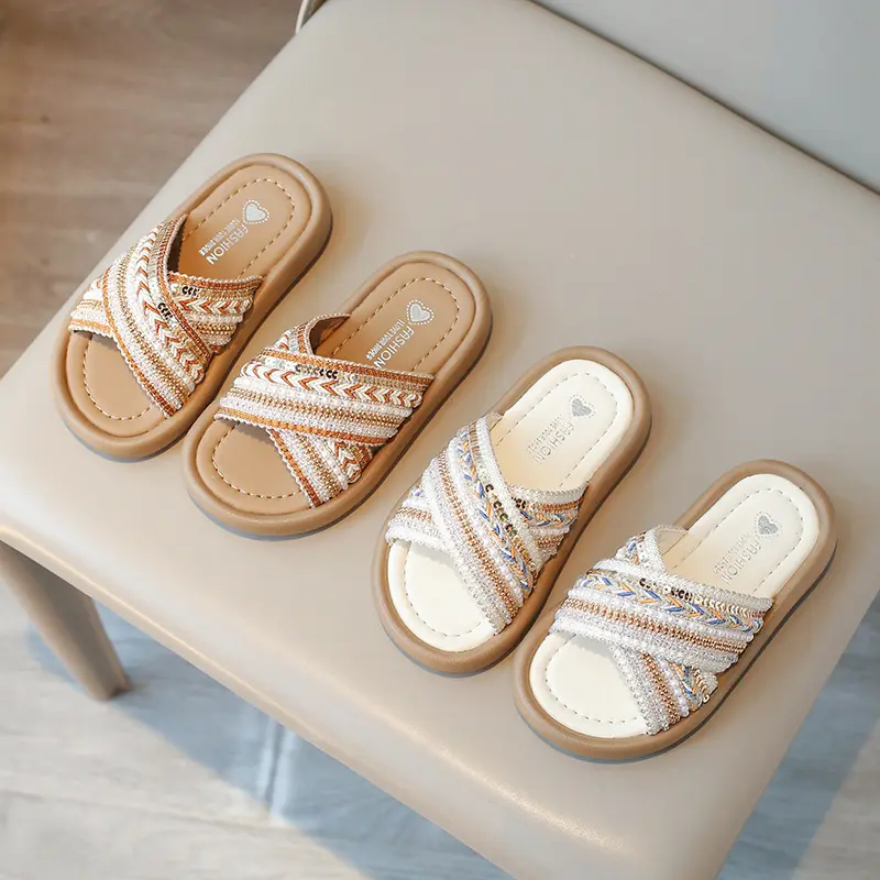 Girl Woven Slippers Soft-soled Outdoor Walking Shoe Child Summer Children's Retro Ethnic Style Princess Beach Shoes Slide H05289