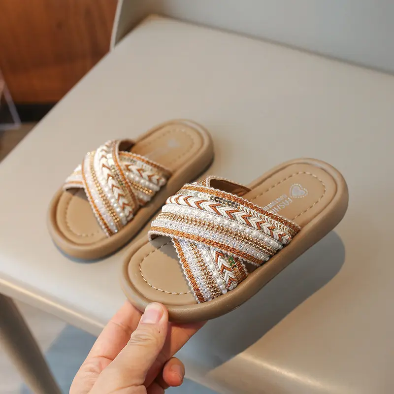 Girl Woven Slippers Soft-soled Outdoor Walking Shoe Child Summer Children's Retro Ethnic Style Princess Beach Shoes Slide H05289