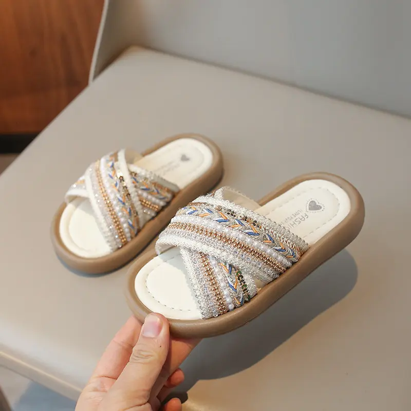 Girl Woven Slippers Soft-soled Outdoor Walking Shoe Child Summer Children's Retro Ethnic Style Princess Beach Shoes Slide H05289