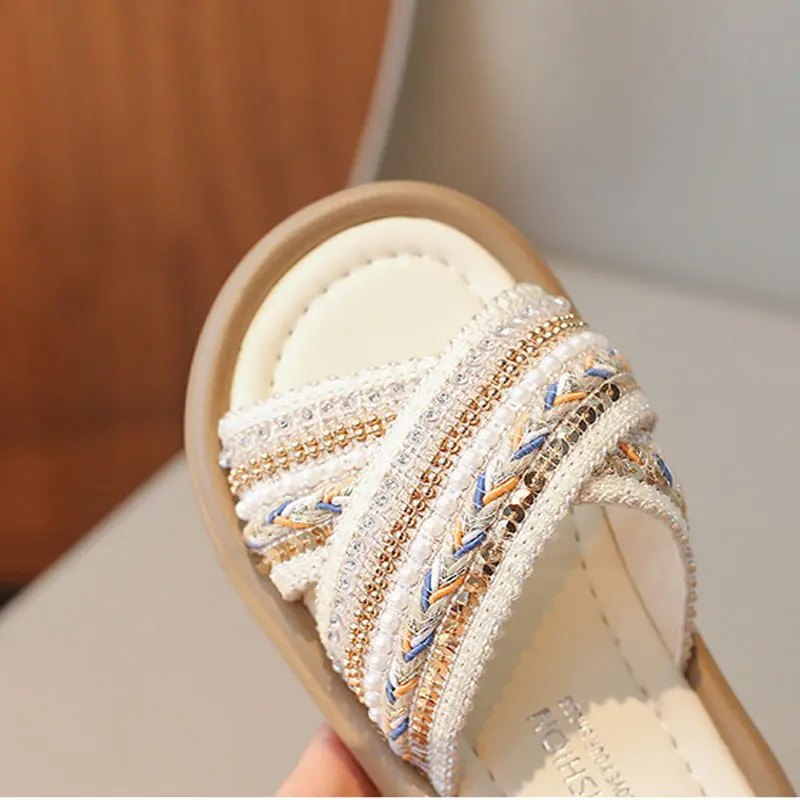 Girl Woven Slippers Soft-soled Outdoor Walking Shoe Child Summer Children's Retro Ethnic Style Princess Beach Shoes Slide H05289