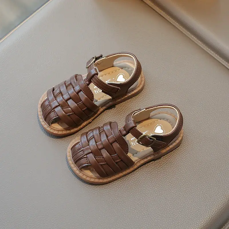 Fashionable Retro Roman Shoes Child Casual Soft-soled Summer Woven Toe Cap Flat Shoes Girls Sandals New Children Footwear I02201