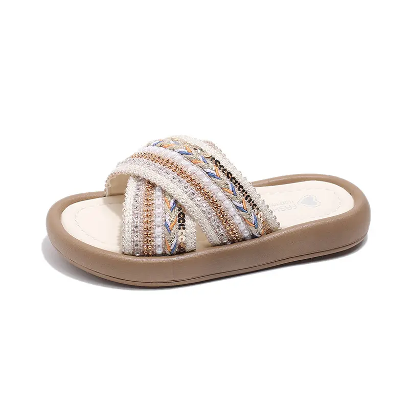 Girl Woven Slippers Soft-soled Outdoor Walking Shoe Child Summer Children's Retro Ethnic Style Princess Beach Shoes Slide H05289