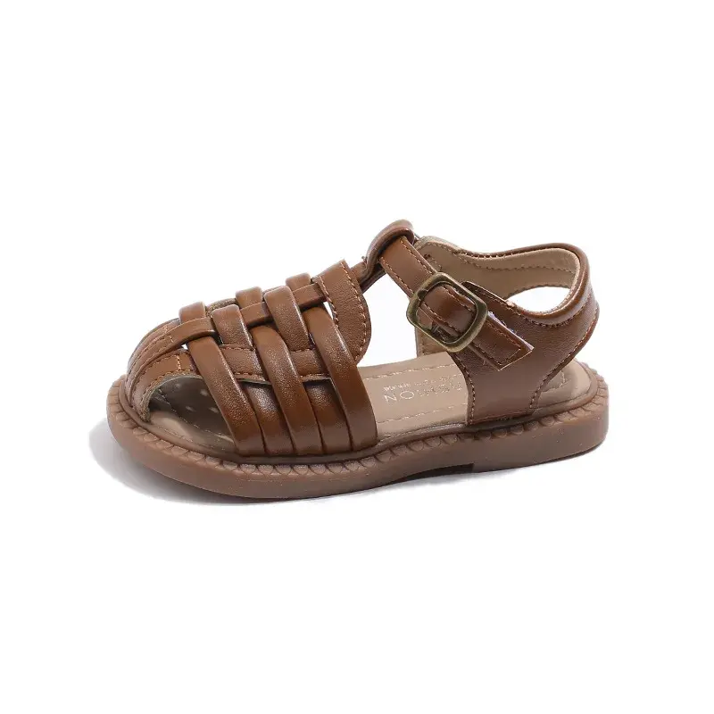 Fashionable Retro Roman Shoes Child Casual Soft-soled Summer Woven Toe Cap Flat Shoes Girls Sandals New Children Footwear I02201