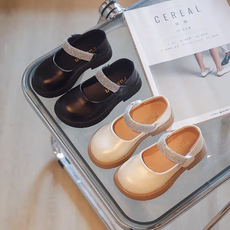 Pure Color Girls Leather Shoes Spring Autumn Simple Princess Rhinestone Mary Janes Platform Heeled Children Shoes Girls I07165