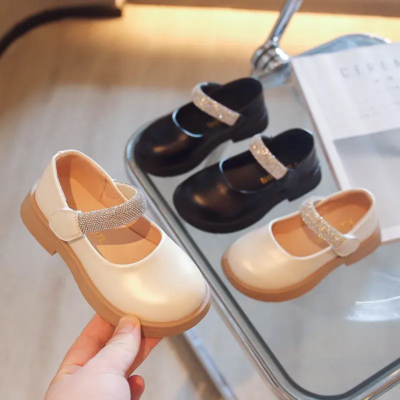 Pure Color Girls Leather Shoes Spring Autumn Simple Princess Rhinestone Mary Janes Platform Heeled Children Shoes Girls I07165
