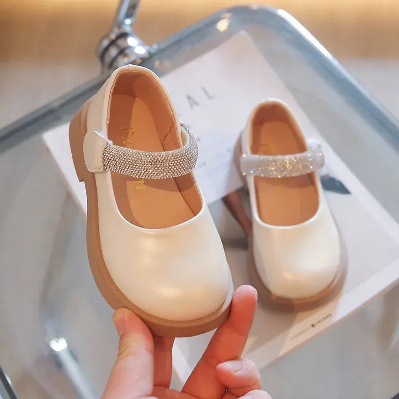 Pure Color Girls Leather Shoes Spring Autumn Simple Princess Rhinestone Mary Janes Platform Heeled Children Shoes Girls I07165