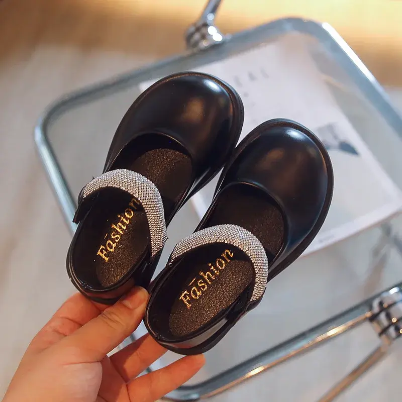 Pure Color Girls Leather Shoes Spring Autumn Simple Princess Rhinestone Mary Janes Platform Heeled Children Shoes Girls I07165