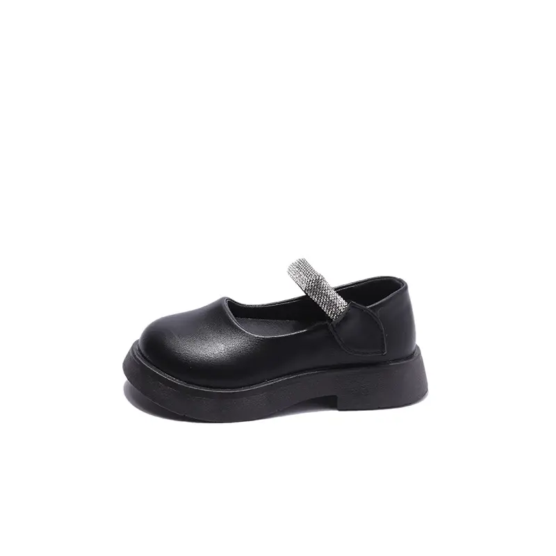 Pure Color Girls Leather Shoes Spring Autumn Simple Princess Rhinestone Mary Janes Platform Heeled Children Shoes Girls I07165