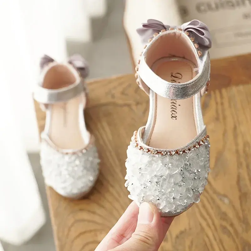 2024 Summer Rhinestone Princess Shoes for Girls Soft Bottom Children Girl Sneakers Kids Leather Dresses Shoes with Bow H11262