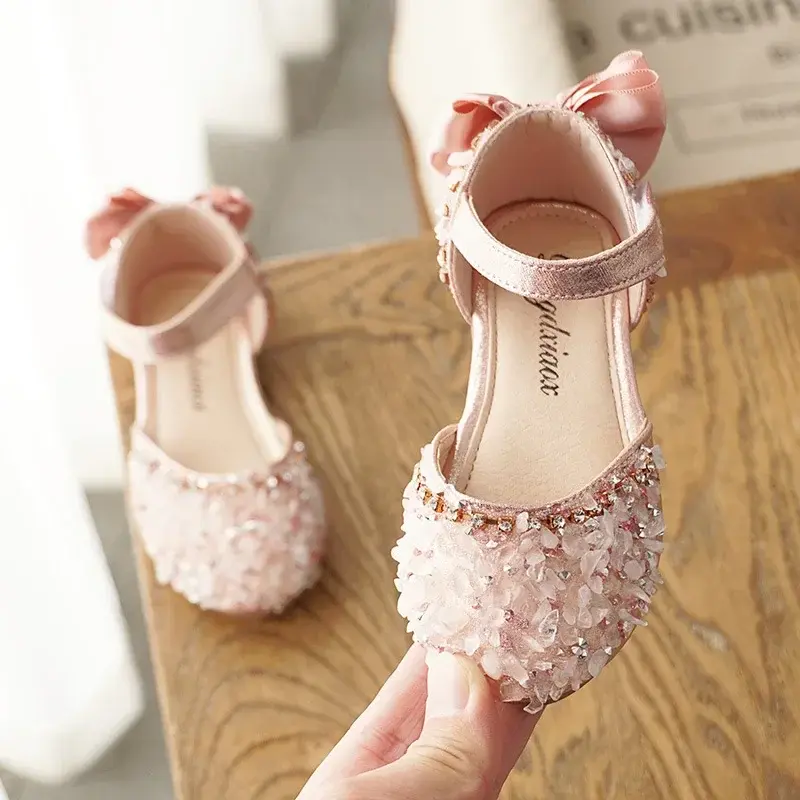 2024 Summer Rhinestone Princess Shoes for Girls Soft Bottom Children Girl Sneakers Kids Leather Dresses Shoes with Bow H11262