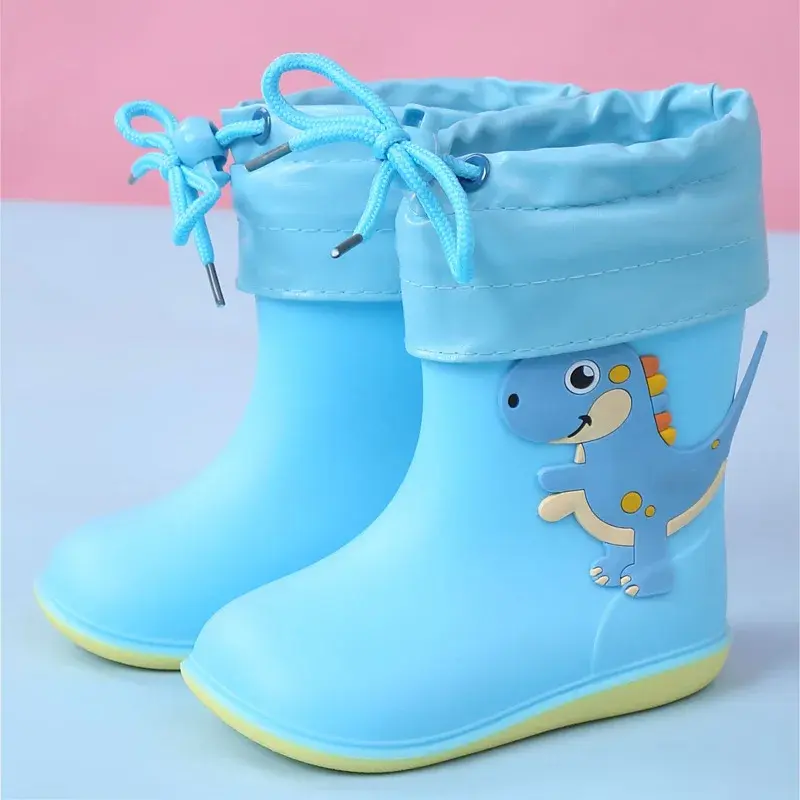 All Season Student Rain Boots for Boys Girls Yellow Blue Green Pink Waterproof Rubber Shoes with Removable Cotton Cover D04121