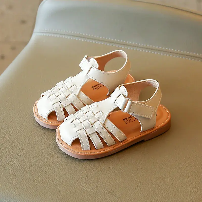 2024 New Vintange Weave Solid Girl's Sandals Closed Toe Sandals for Girl Kids Baby Flat Girls Sandals Summer Kids Shoes F02234