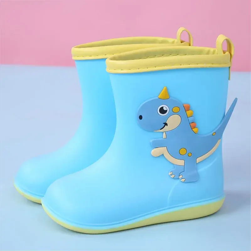 All Season Student Rain Boots for Boys Girls Yellow Blue Green Pink Waterproof Rubber Shoes with Removable Cotton Cover D04121