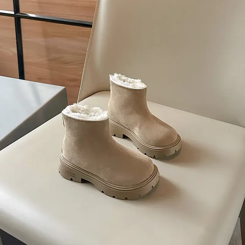 New Winter Trendy Children Snow Warm Suede Leather Lazy Loafers Boots Shoes Girls Fashion Plush Pure Color Platform Boots H10091
