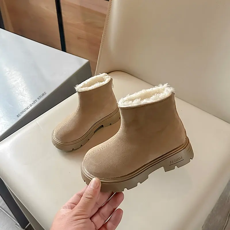 New Winter Trendy Children Snow Warm Suede Leather Lazy Loafers Boots Shoes Girls Fashion Plush Pure Color Platform Boots H10091