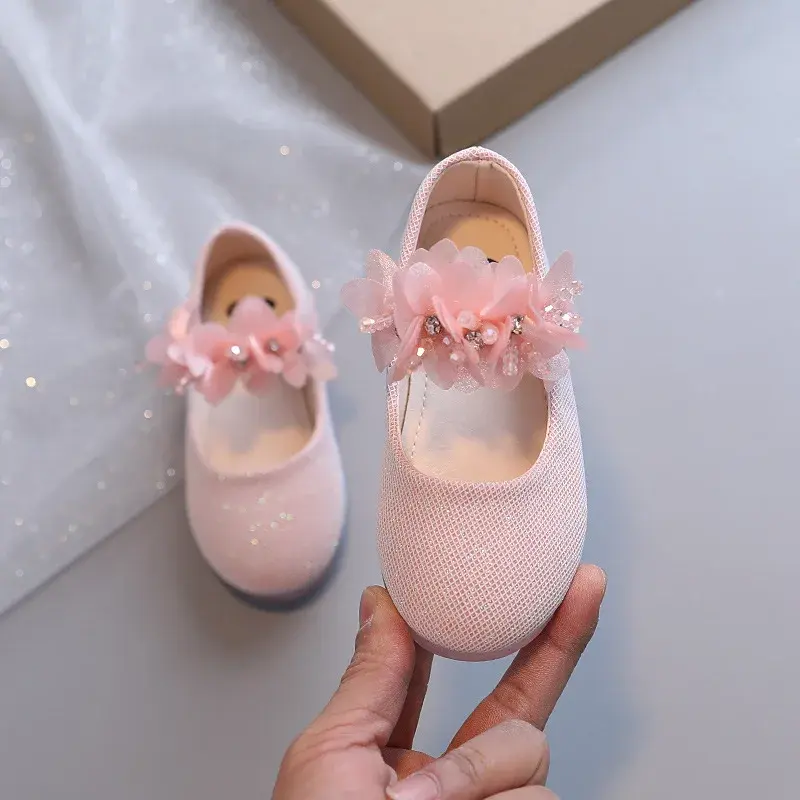 2024 Toddler Girl Elegant Leather Shoes Spring Autumn Beige Pink White Soft Flat Bottom Flowers Rhinestone Princess Shoes G08136