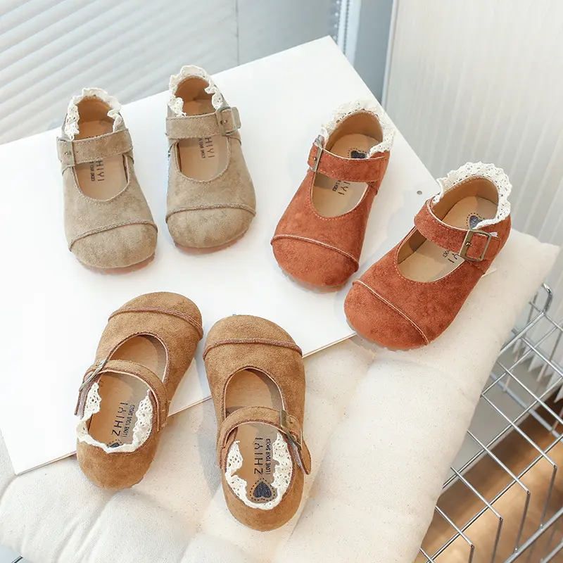 2025 Spring Autumn Kids Flats Shoes Lace Ruffles Little Girls Princess Suede Shoes Soft Hook Loop Non Slip Children Shoes I02013