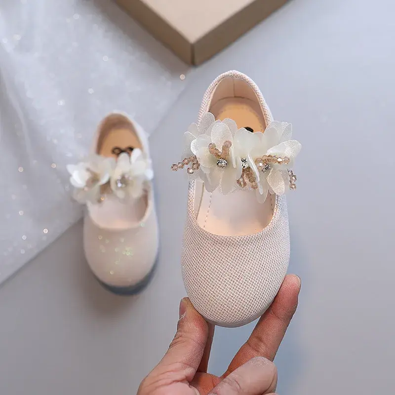 2024 Toddler Girl Elegant Leather Shoes Spring Autumn Beige Pink White Soft Flat Bottom Flowers Rhinestone Princess Shoes G08136