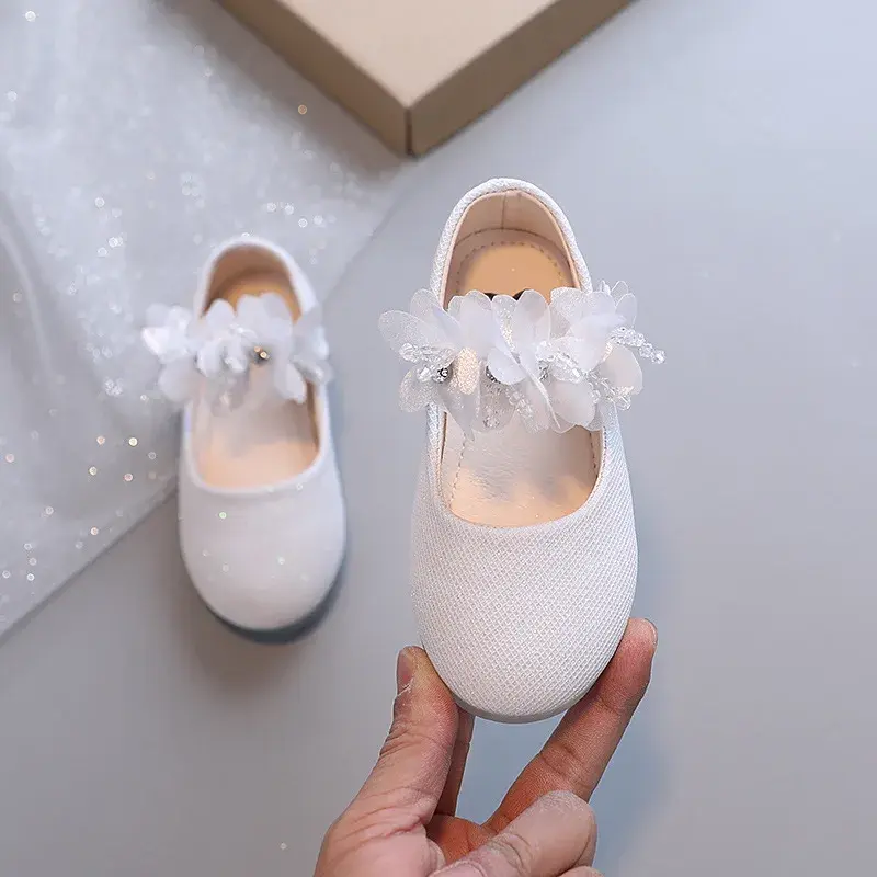 2024 Toddler Girl Elegant Leather Shoes Spring Autumn Beige Pink White Soft Flat Bottom Flowers Rhinestone Princess Shoes G08136