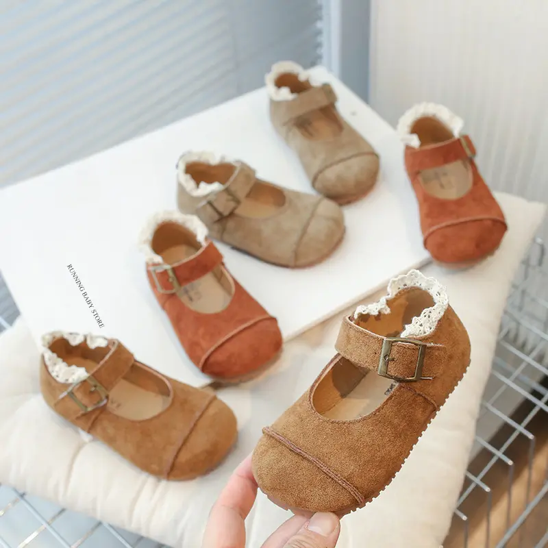 2025 Spring Autumn Kids Flats Shoes Lace Ruffles Little Girls Princess Suede Shoes Soft Hook Loop Non Slip Children Shoes I02013