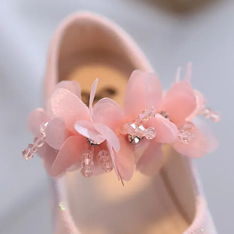 2024 Toddler Girl Elegant Leather Shoes Spring Autumn Beige Pink White Soft Flat Bottom Flowers Rhinestone Princess Shoes G08136
