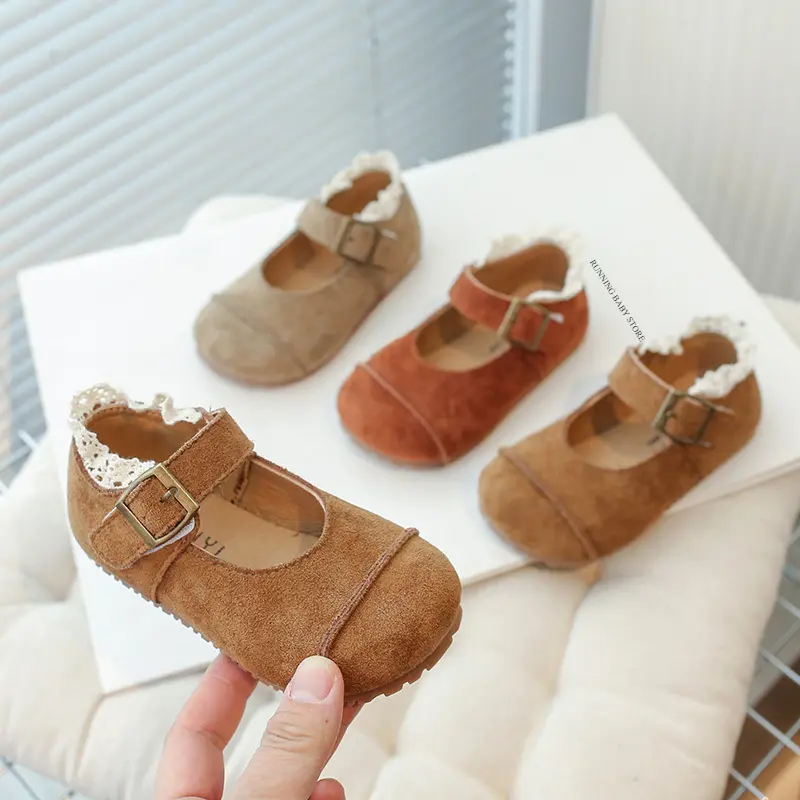2025 Spring Autumn Kids Flats Shoes Lace Ruffles Little Girls Princess Suede Shoes Soft Hook Loop Non Slip Children Shoes I02013