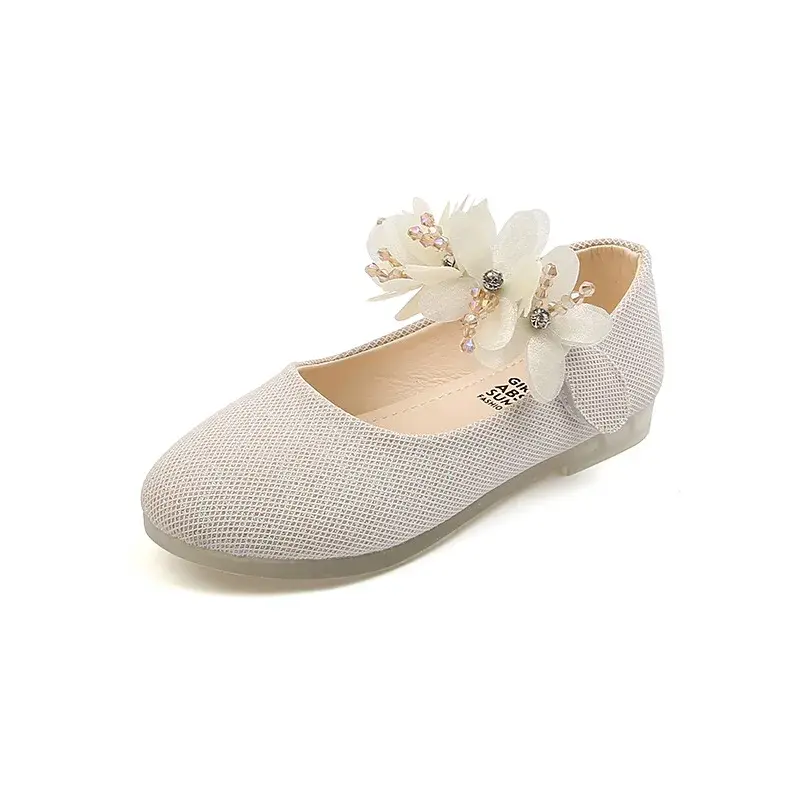 2024 Toddler Girl Elegant Leather Shoes Spring Autumn Beige Pink White Soft Flat Bottom Flowers Rhinestone Princess Shoes G08136