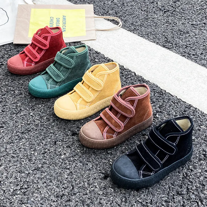 2024 Fashion Hook&Loop Soft Corduroy Kids Sneakers School Casual All-match Children Girl Shoes High Top Autumn Boys Boots E08051