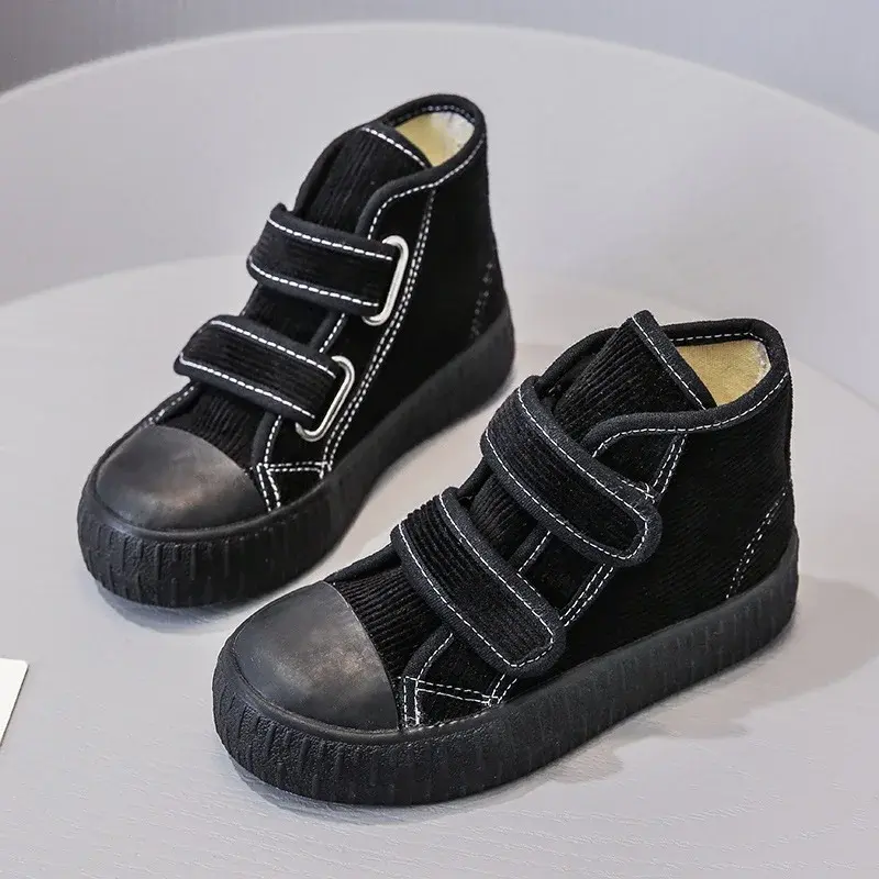 2024 Fashion Hook&Loop Soft Corduroy Kids Sneakers School Casual All-match Children Girl Shoes High Top Autumn Boys Boots E08051